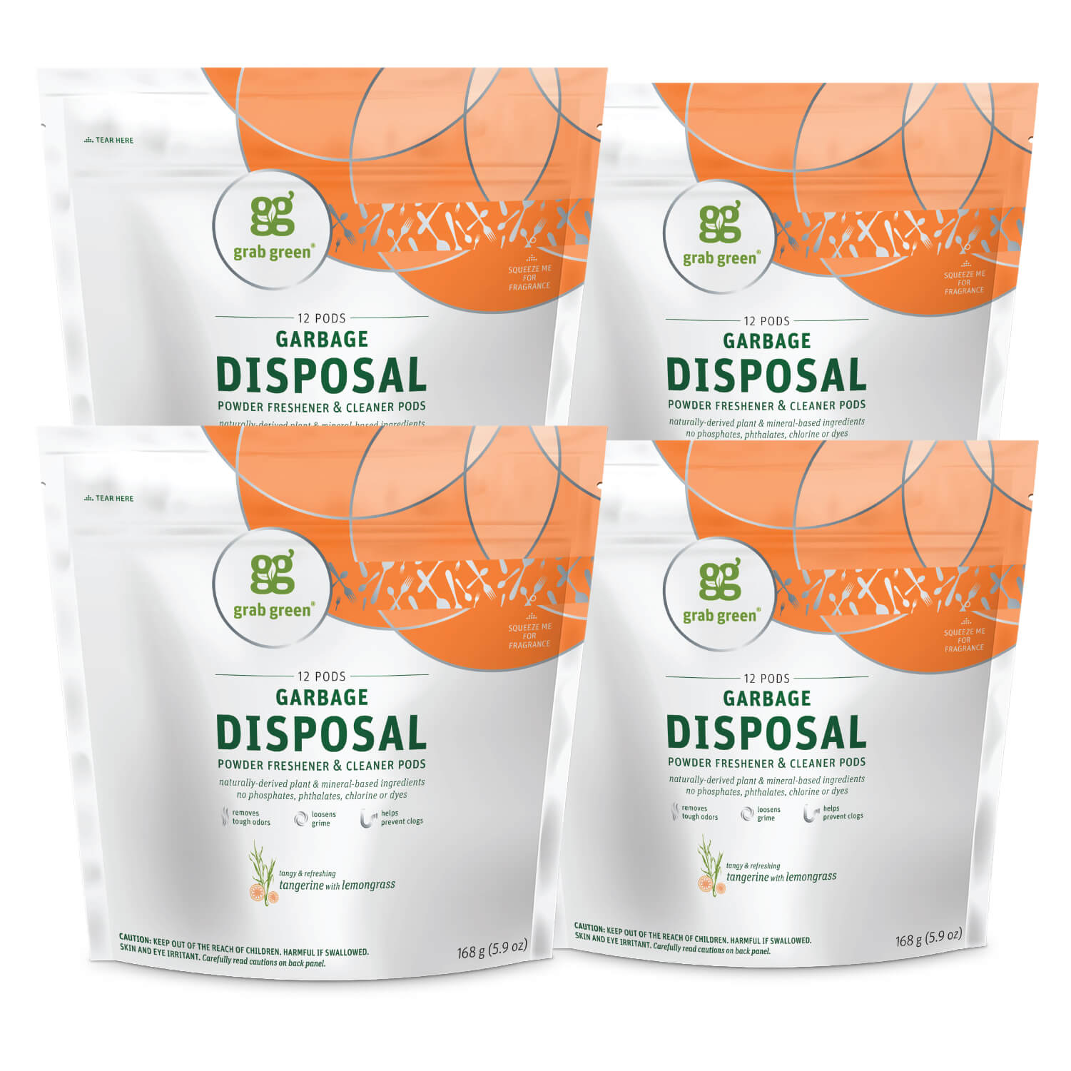 Grab Green Garbage Disposal Freshener & Cleaner Pods - Tangerine with Lemongrass 4 Pack